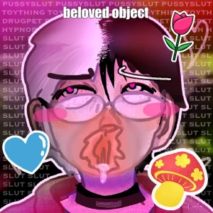 A drawing of Echo, a pussy-faced drooling slut who looks like it's in erotic heaven. Its face pussy replaces its nose and mouth, leaking constantly. Its eyes glow with hypnosis as it looks up needily, practically begging you to fuck it. Its collar is tight around its neck.